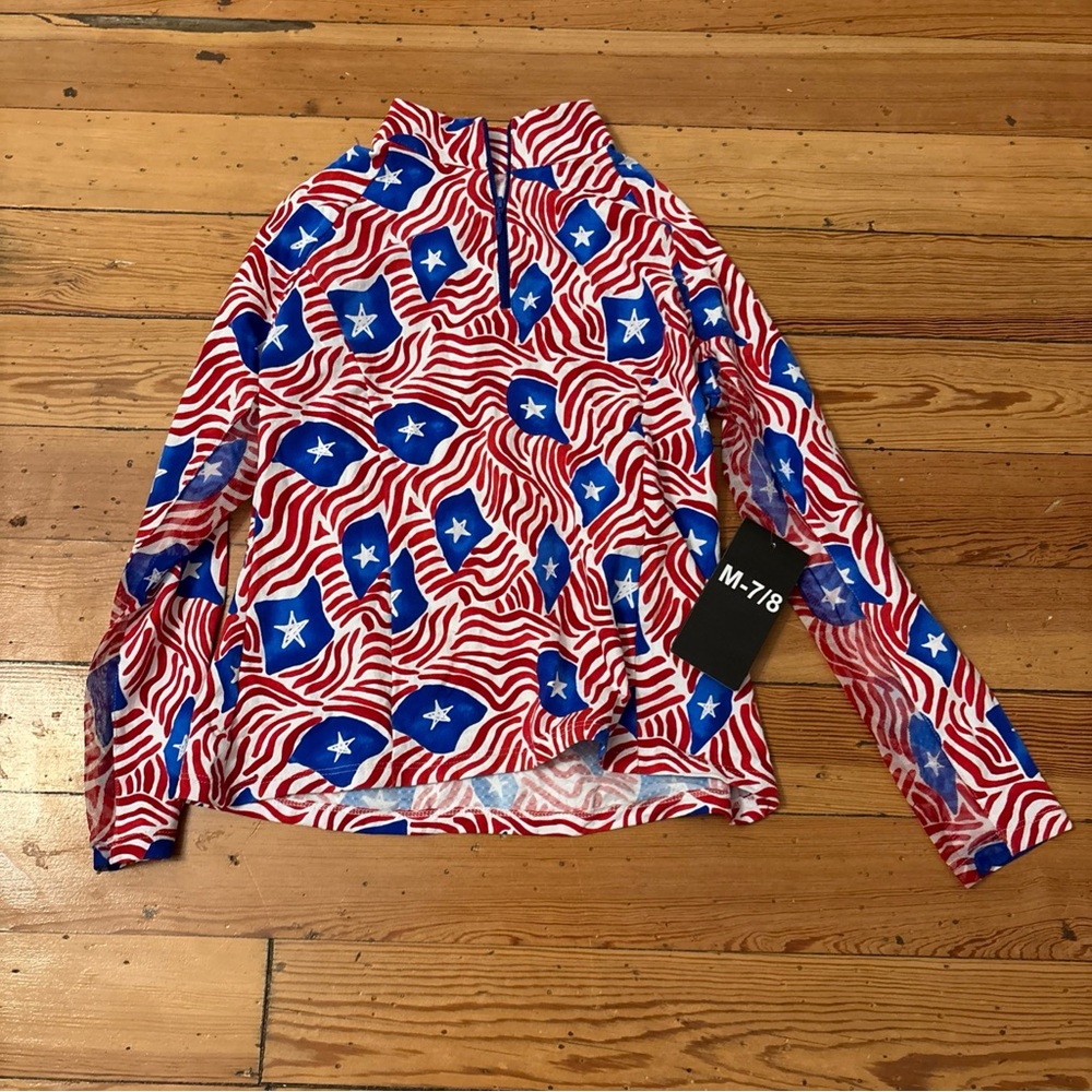 New! Ibkul Girls' Rylee Print Long Sleeve Mock Neck Top Flag USA 4th of July 7-8